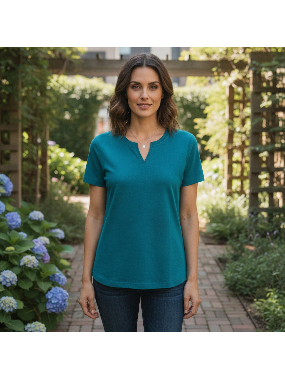 137 Bay Studio Womens Teal Blue 100% Cotton Split V-Neck Short Sleeve Top S NWT